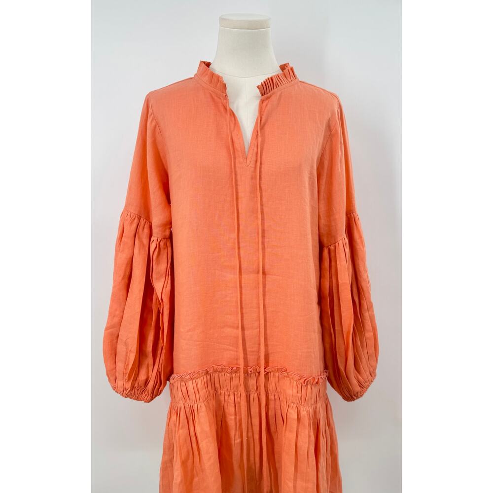 Kleid Coral Peach 100% Linen Dress Pleated Skirt Balloon Sleeves Mini L NWT